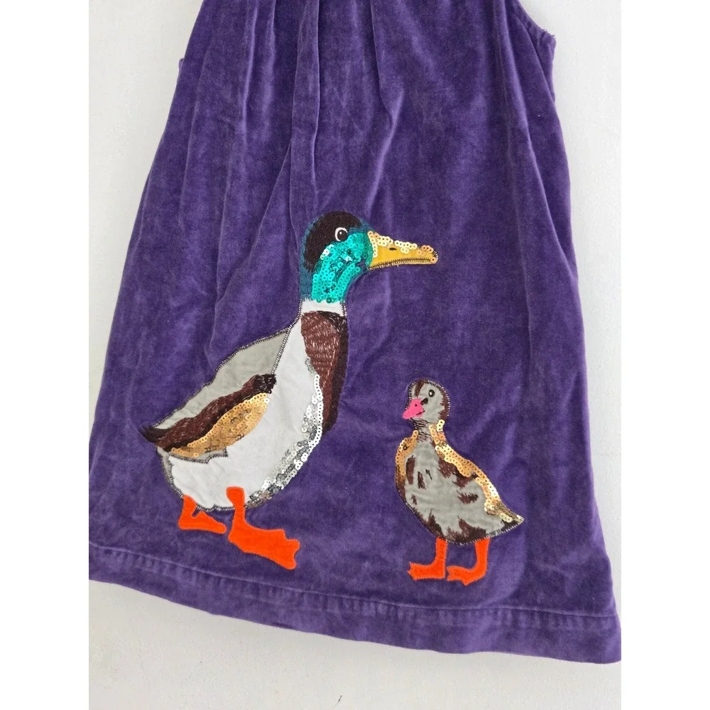 Mini Boden Girls Purple Corduroy Mallard Duck Sequin Applique Jumper Dress 4-5yr
